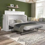 Cama de Gabinete Plegable Queen con Colchón – Blanco / Gris Corteza – Duerme 2 personas