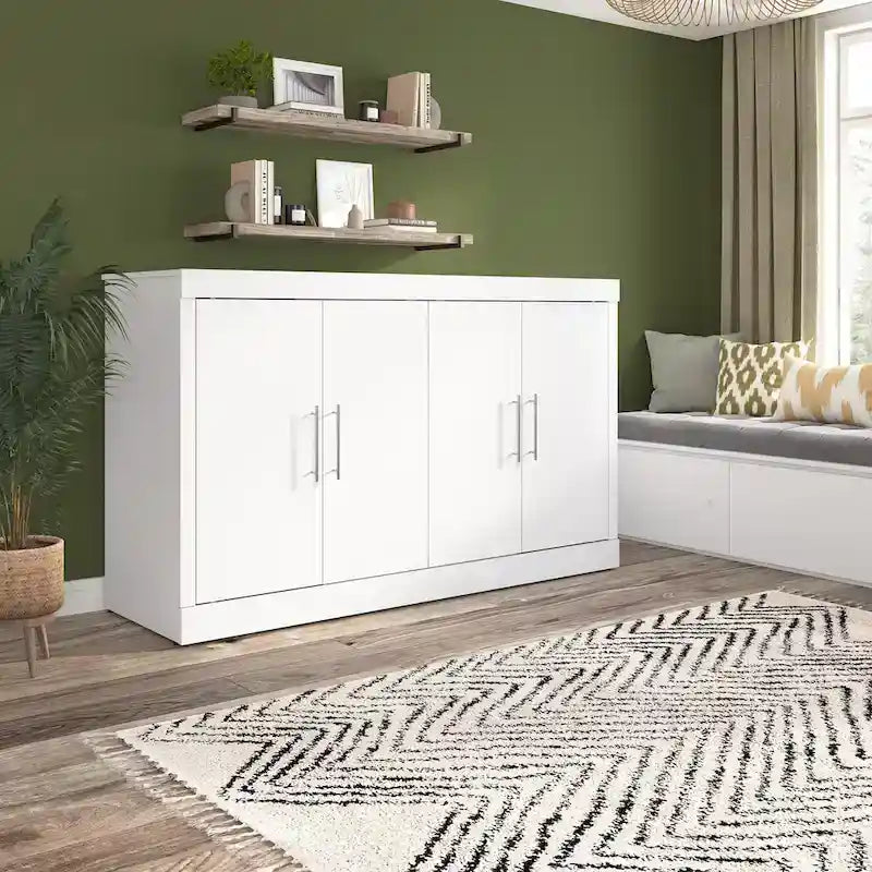 Cama de Gabinete Plegable Queen con Colchón – Blanco / Gris Corteza – Duerme 2 personas
