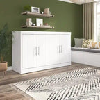 Cama de Gabinete Plegable Queen con Colchón – Blanco / Gris Corteza – Duerme 2 personas