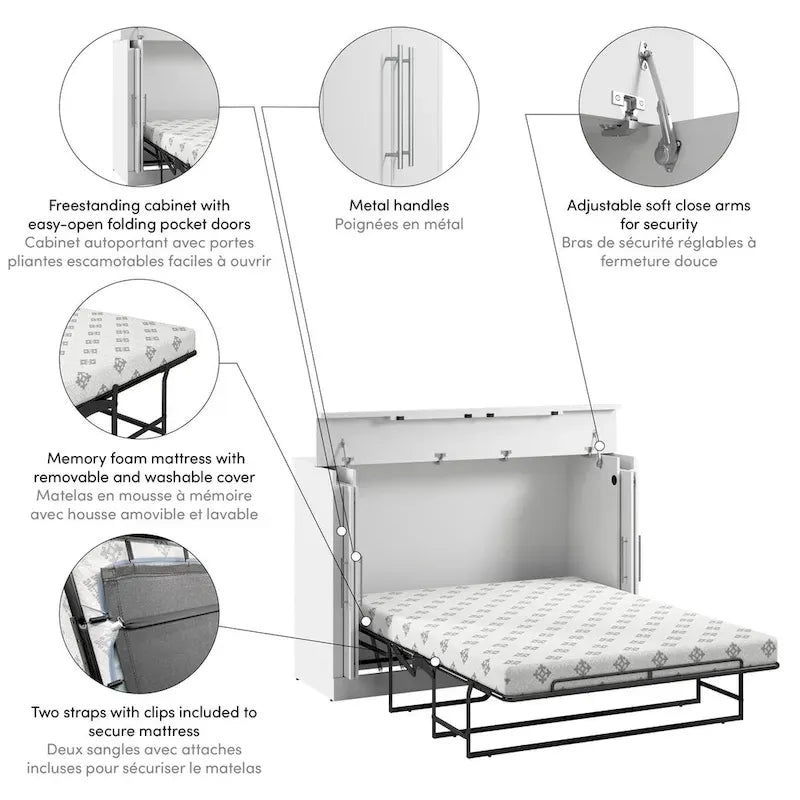 Cama de Gabinete Plegable Queen con Colchón – Blanco / Gris Corteza – Duerme 2 personas
