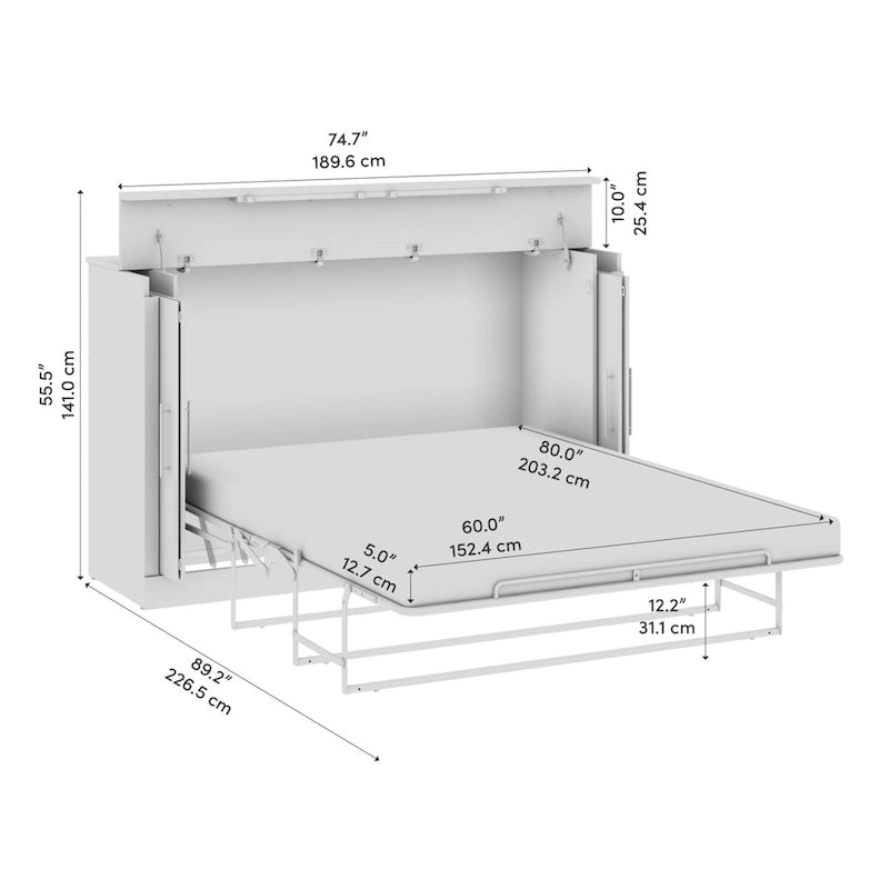 Cama de Gabinete Plegable Queen con Colchón – Blanco / Gris Corteza – Duerme 2 personas