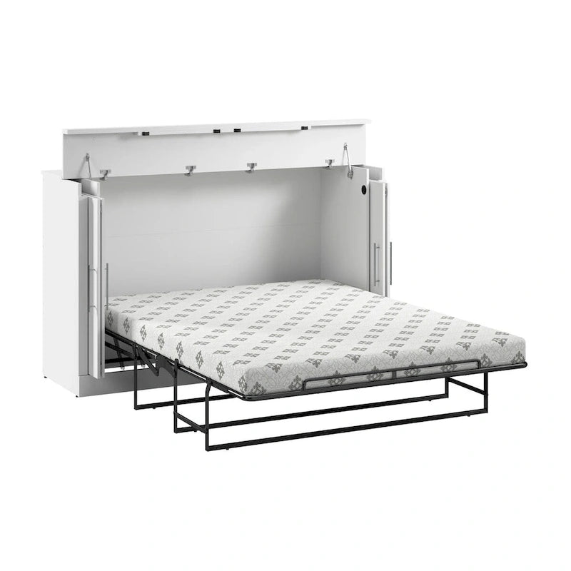 Cama de Gabinete Plegable Queen con Colchón – Blanco / Gris Corteza – Duerme 2 personas