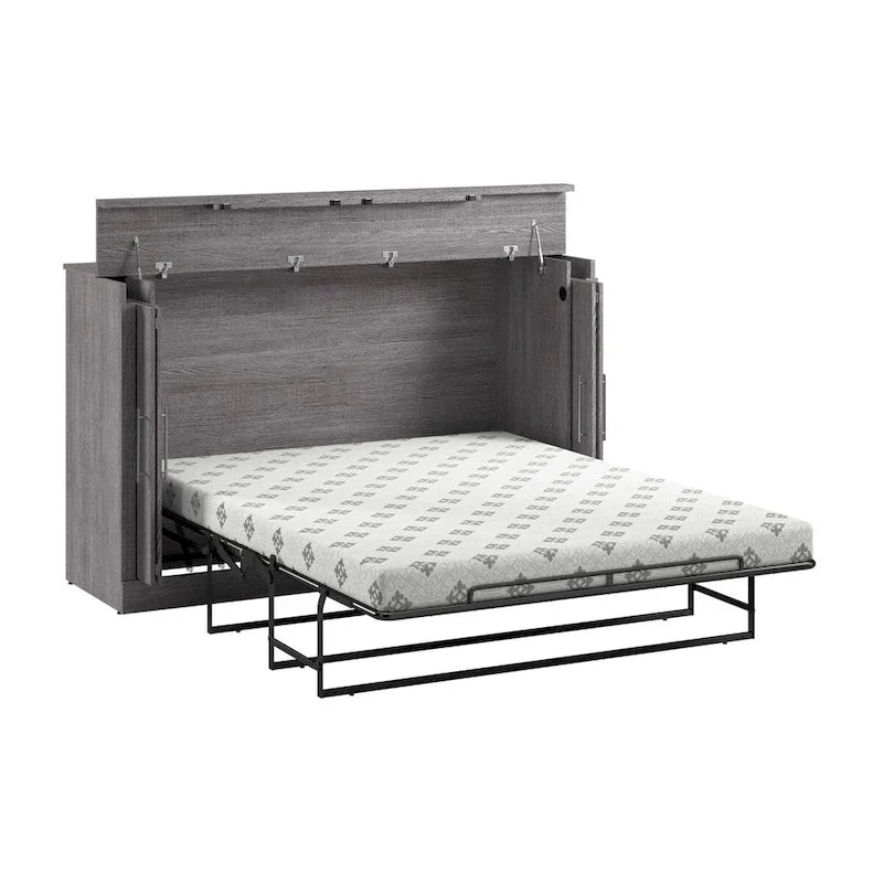 Cama de Gabinete Plegable Queen con Colchón – Blanco / Gris Corteza – Duerme 2 personas