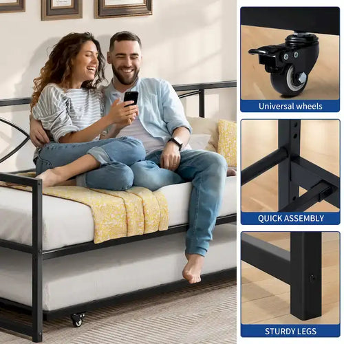 Sofá cama de metal negro con nido extraíble - Individual, capacidad para 2 personas