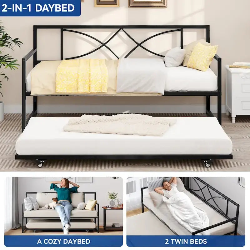 Sofá cama de metal negro con nido extraíble - Individual, capacidad para 2 personas