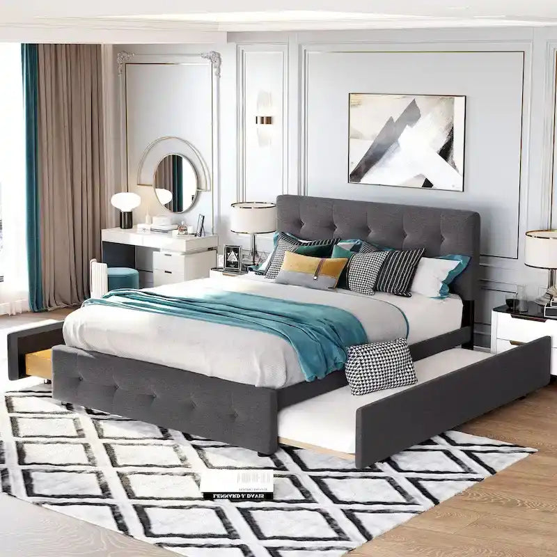 Cama de plataforma Queen tapizada en gris oscuro/gris claro/beige con nido, capacidad para 2 personas