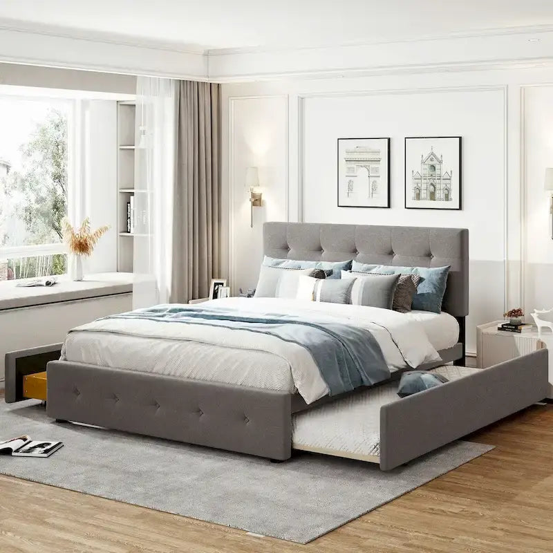 Cama de plataforma Queen tapizada en gris oscuro/gris claro/beige con nido, capacidad para 2 personas