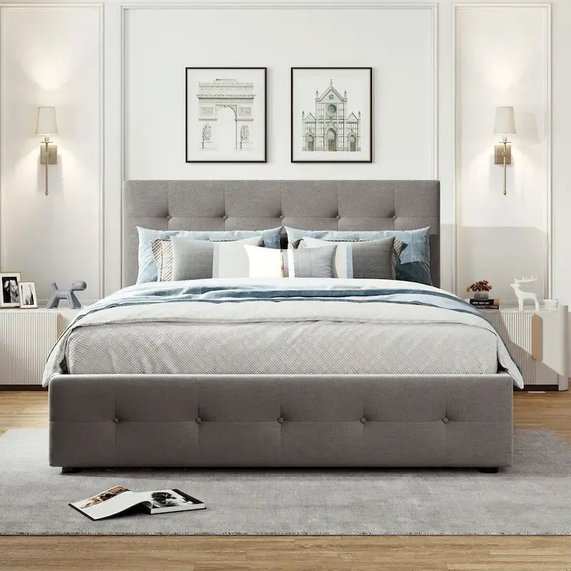 Cama de plataforma Queen tapizada en gris oscuro/gris claro/beige con nido, capacidad para 2 personas