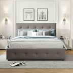 Cama de plataforma Queen tapizada en gris oscuro/gris claro/beige con nido, capacidad para 2 personas