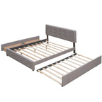 Cama de plataforma Queen tapizada en gris oscuro/gris claro/beige con nido, capacidad para 2 personas