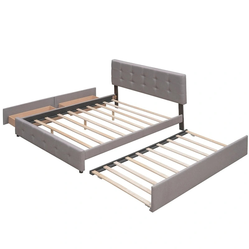 Cama de plataforma Queen tapizada en gris oscuro/gris claro/beige con nido, capacidad para 2 personas