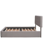 Cama de plataforma Queen tapizada en gris oscuro/gris claro/beige con nido, capacidad para 2 personas
