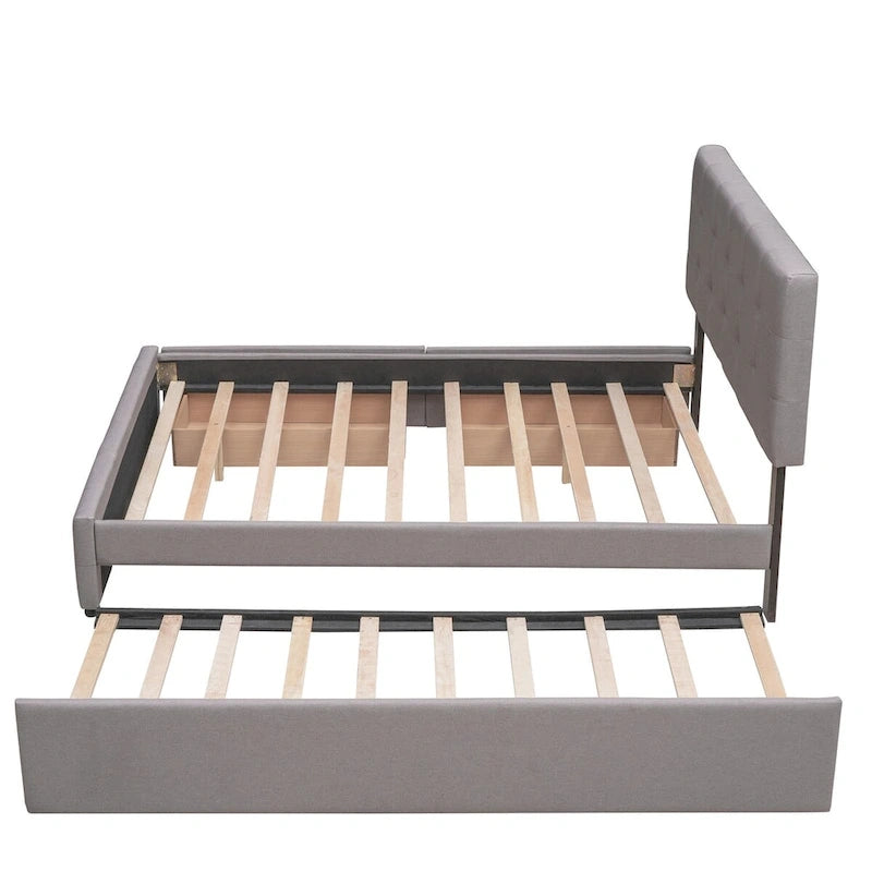 Cama de plataforma Queen tapizada en gris oscuro/gris claro/beige con nido, capacidad para 2 personas