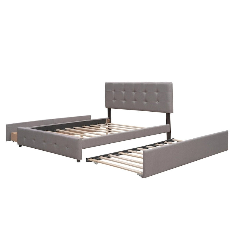Cama de plataforma Queen tapizada en gris oscuro/gris claro/beige con nido, capacidad para 2 personas