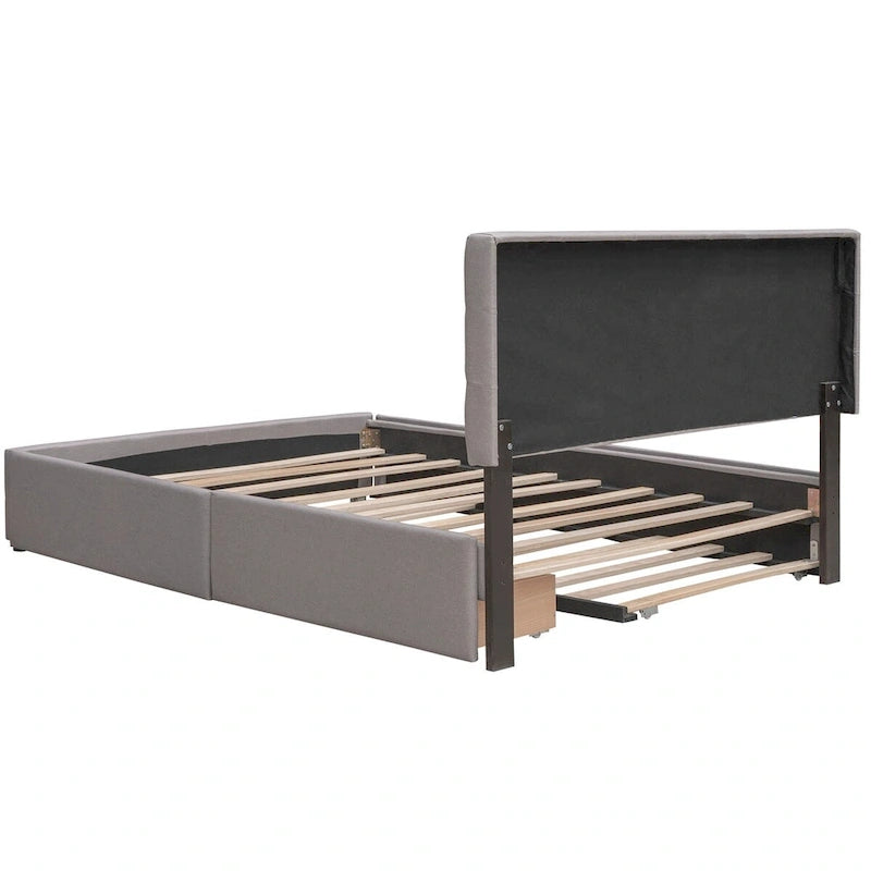 Cama de plataforma Queen tapizada en gris oscuro/gris claro/beige con nido, capacidad para 2 personas