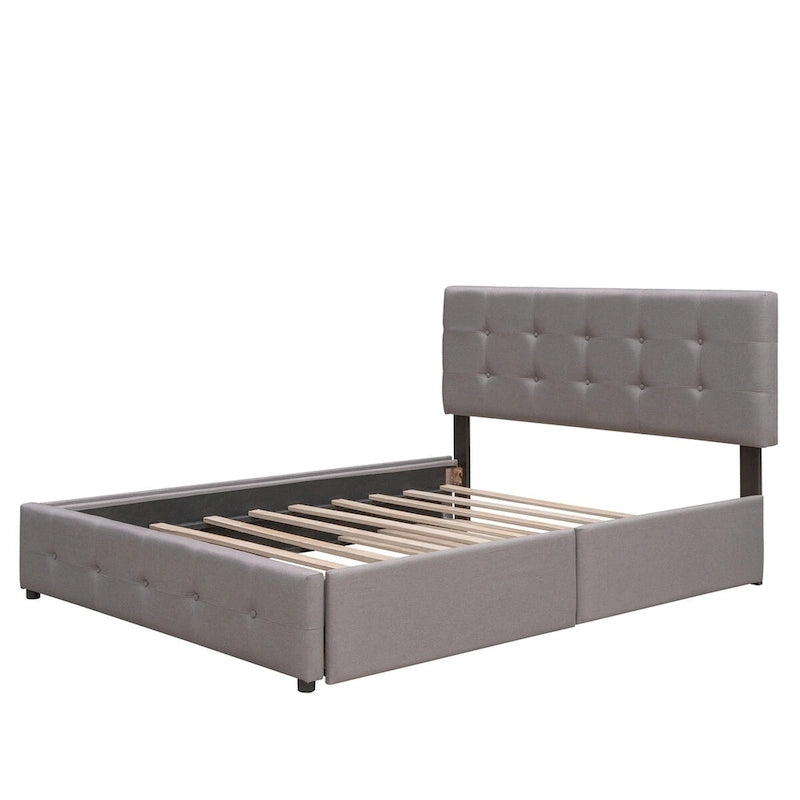 Cama de plataforma Queen tapizada en gris oscuro/gris claro/beige con nido, capacidad para 2 personas