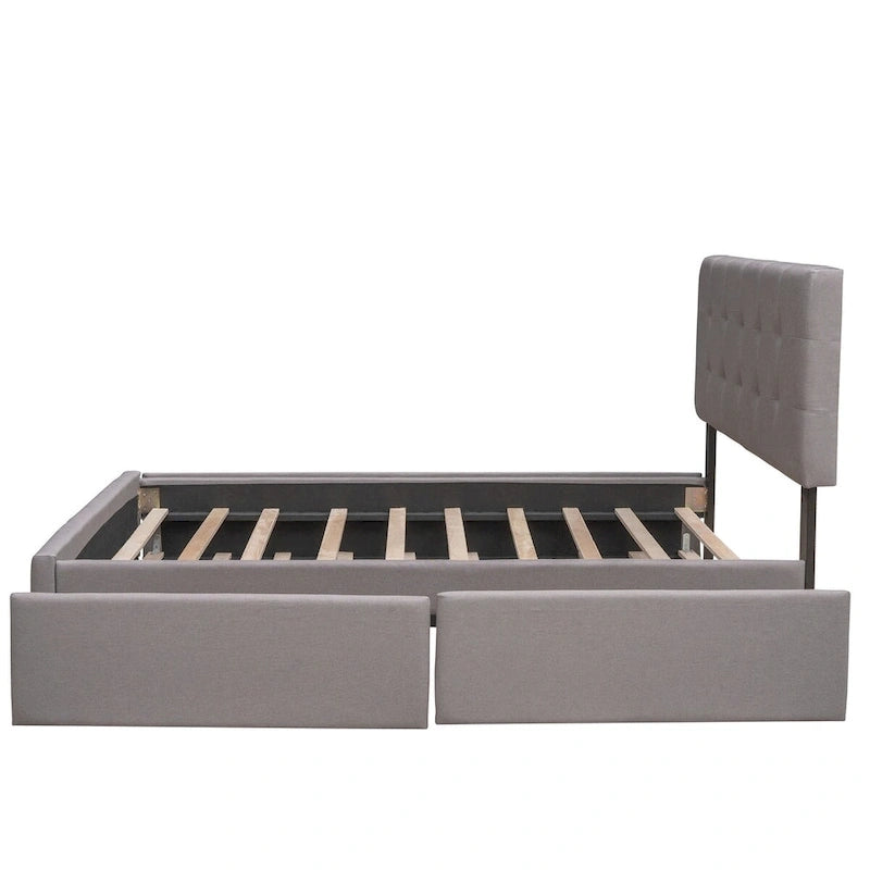 Cama de plataforma Queen tapizada en gris oscuro/gris claro/beige con nido, capacidad para 2 personas