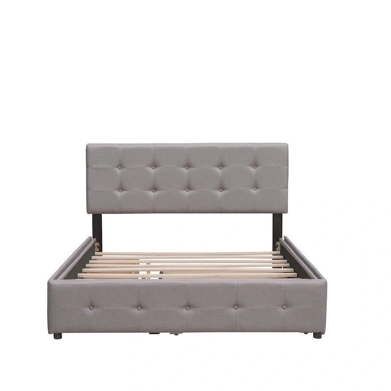 Cama de plataforma Queen tapizada en gris oscuro/gris claro/beige con nido, capacidad para 2 personas