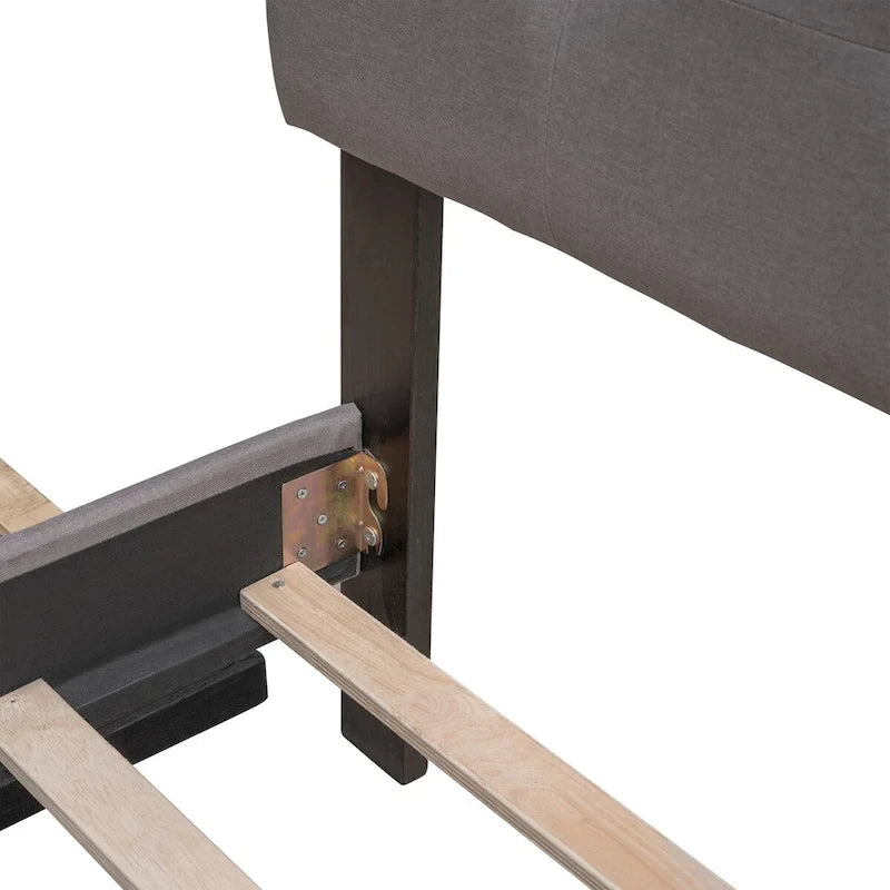 Cama de plataforma Queen tapizada en gris oscuro/gris claro/beige con nido, capacidad para 2 personas