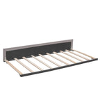 Cama de plataforma Queen tapizada en gris oscuro/gris claro/beige con nido, capacidad para 2 personas