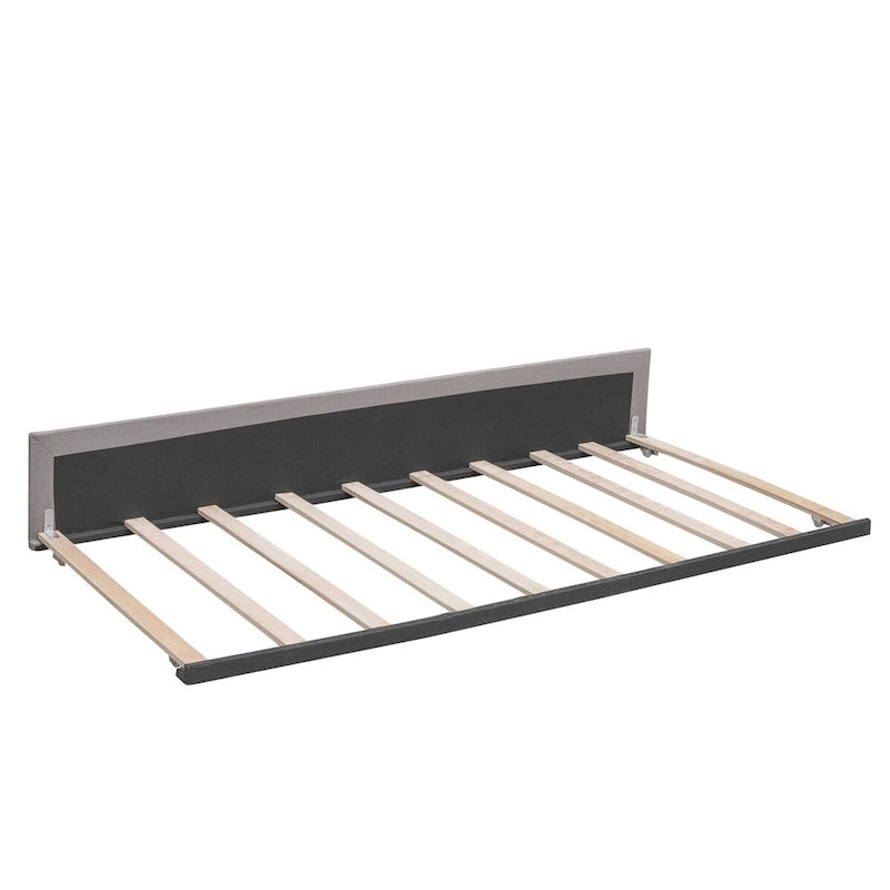 Cama de plataforma Queen tapizada en gris oscuro/gris claro/beige con nido, capacidad para 2 personas