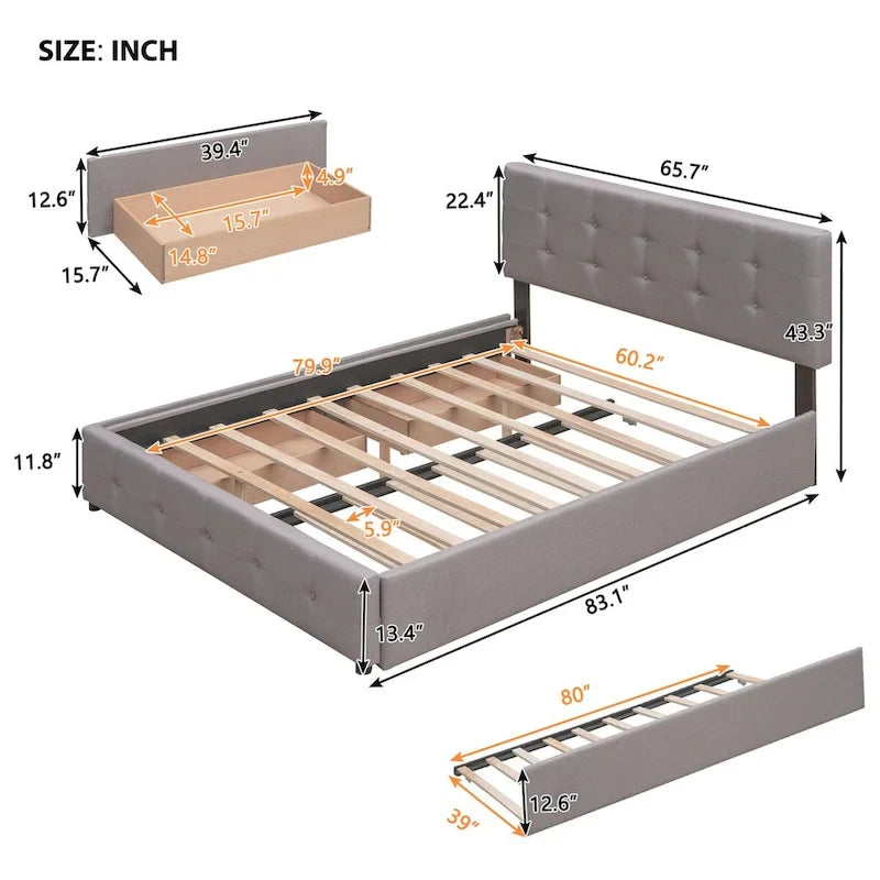 Cama de plataforma Queen tapizada en gris oscuro/gris claro/beige con nido, capacidad para 2 personas