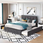 Cama de plataforma Queen tapizada en gris oscuro/gris claro/beige con nido, capacidad para 2 personas