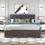 Cama de plataforma Queen tapizada en gris oscuro/gris claro/beige con nido, capacidad para 2 personas