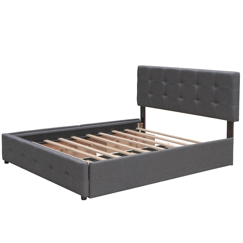 Cama de plataforma Queen tapizada en gris oscuro/gris claro/beige con nido, capacidad para 2 personas