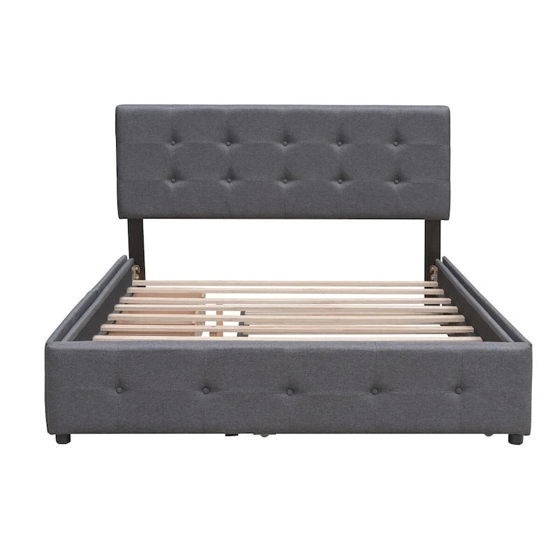 Cama de plataforma Queen tapizada en gris oscuro/gris claro/beige con nido, capacidad para 2 personas