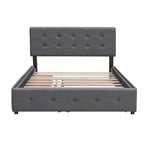 Cama de plataforma Queen tapizada en gris oscuro/gris claro/beige con nido, capacidad para 2 personas