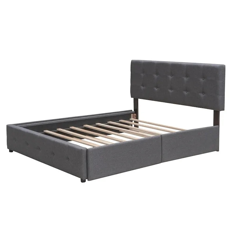 Cama de plataforma Queen tapizada en gris oscuro/gris claro/beige con nido, capacidad para 2 personas