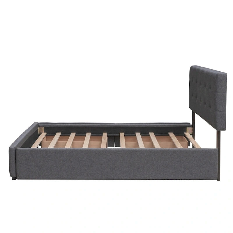 Cama de plataforma Queen tapizada en gris oscuro/gris claro/beige con nido, capacidad para 2 personas