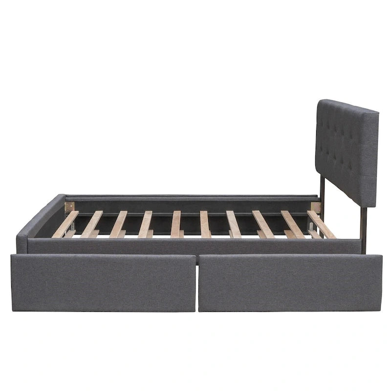 Cama de plataforma Queen tapizada en gris oscuro/gris claro/beige con nido, capacidad para 2 personas