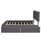 Cama de plataforma Queen tapizada en gris oscuro/gris claro/beige con nido, capacidad para 2 personas