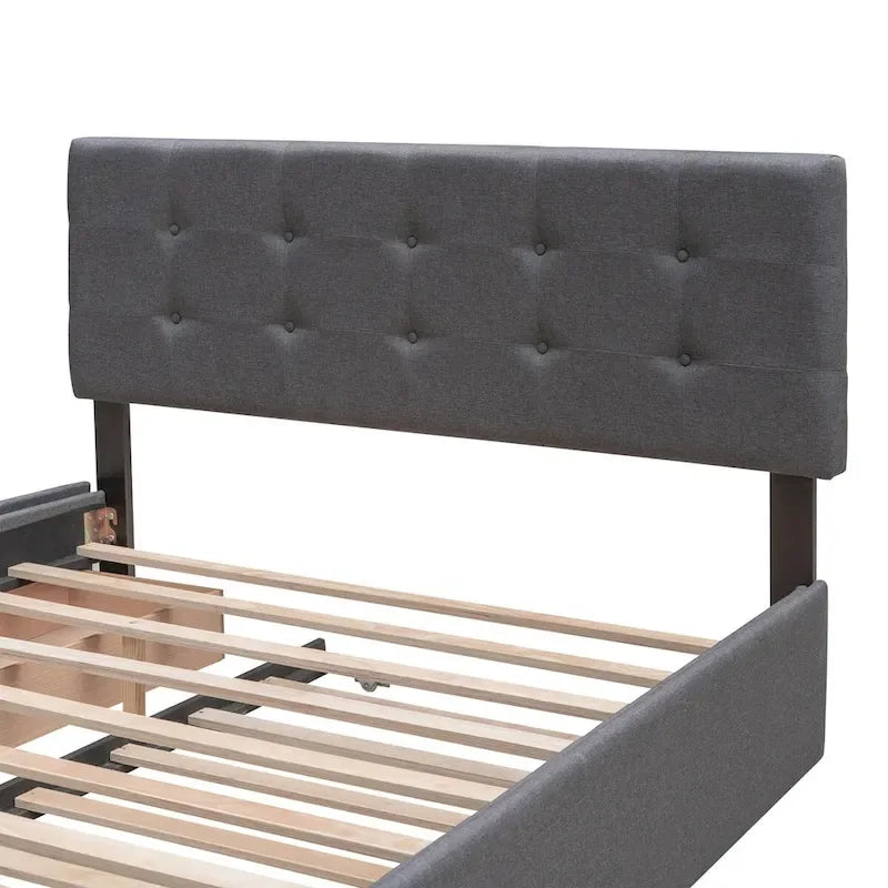 Cama de plataforma Queen tapizada en gris oscuro/gris claro/beige con nido, capacidad para 2 personas