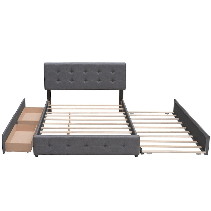 Cama de plataforma Queen tapizada en gris oscuro/gris claro/beige con nido, capacidad para 2 personas
