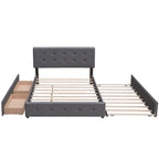 Cama de plataforma Queen tapizada en gris oscuro/gris claro/beige con nido, capacidad para 2 personas