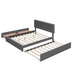 Cama de plataforma Queen tapizada en gris oscuro/gris claro/beige con nido, capacidad para 2 personas