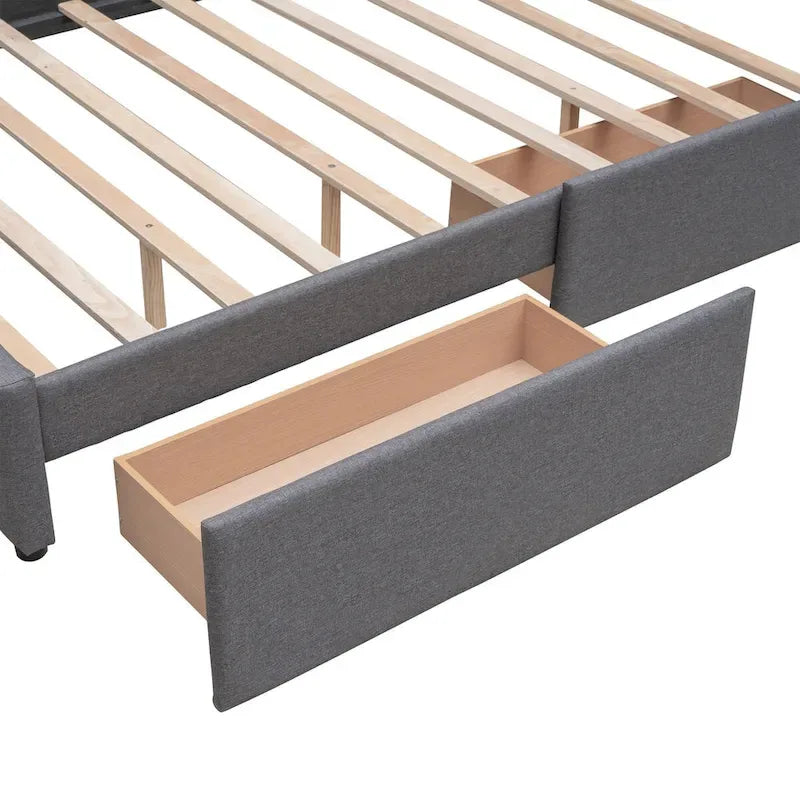 Cama de plataforma Queen tapizada en gris oscuro/gris claro/beige con nido, capacidad para 2 personas