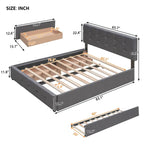 Cama de plataforma Queen tapizada en gris oscuro/gris claro/beige con nido, capacidad para 2 personas