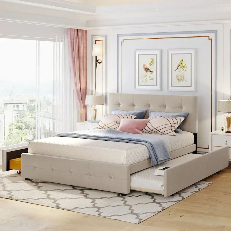 Cama de plataforma Queen tapizada en gris oscuro/gris claro/beige con nido, capacidad para 2 personas