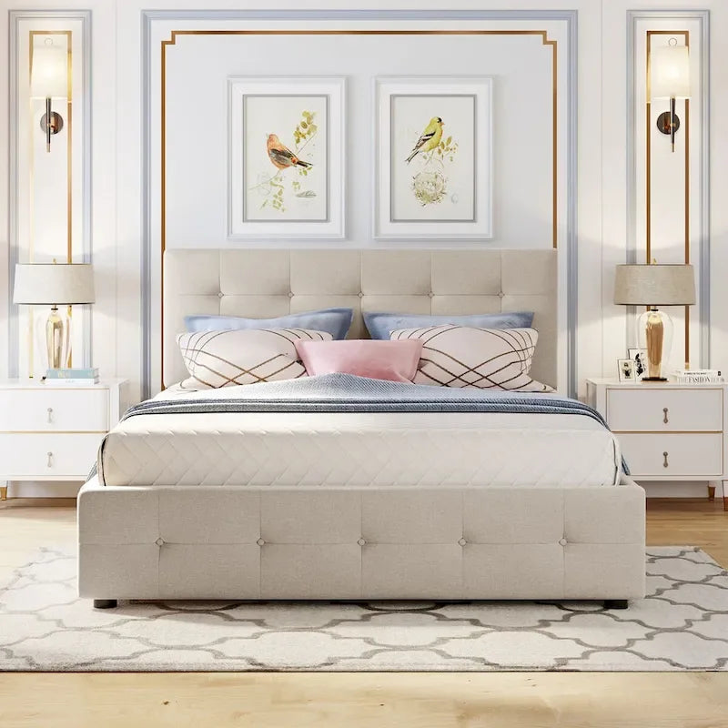 Cama de plataforma Queen tapizada en gris oscuro/gris claro/beige con nido, capacidad para 2 personas