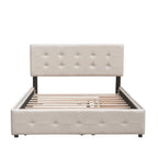 Cama de plataforma Queen tapizada en gris oscuro/gris claro/beige con nido, capacidad para 2 personas