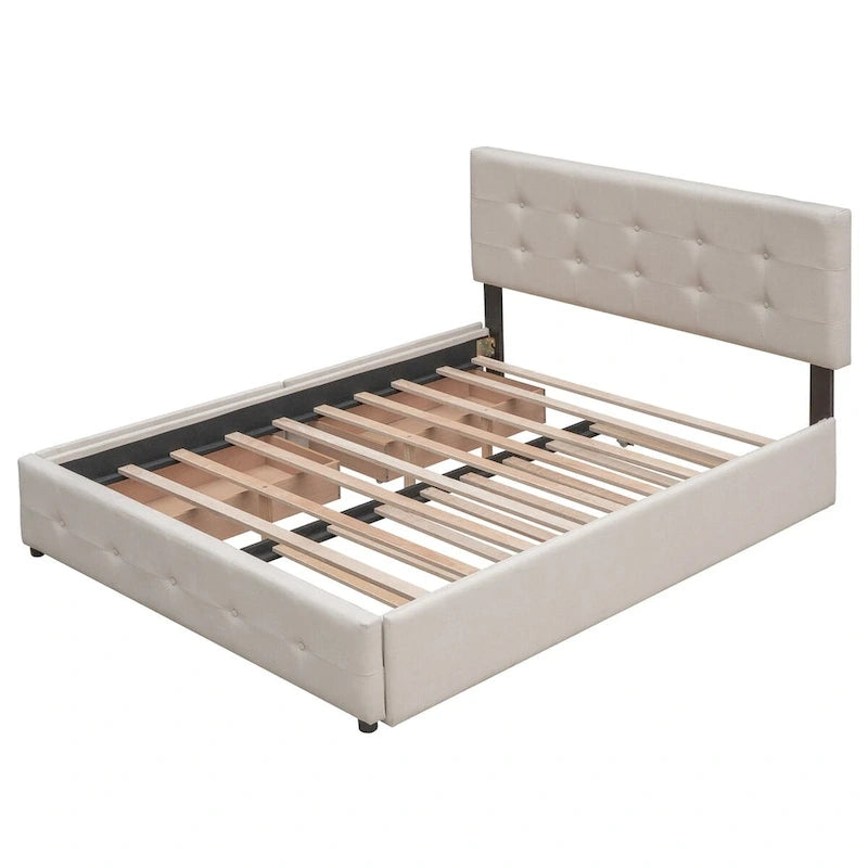 Cama de plataforma Queen tapizada en gris oscuro/gris claro/beige con nido, capacidad para 2 personas
