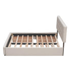 Cama de plataforma Queen tapizada en gris oscuro/gris claro/beige con nido, capacidad para 2 personas