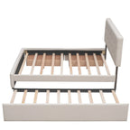 Cama de plataforma Queen tapizada en gris oscuro/gris claro/beige con nido, capacidad para 2 personas