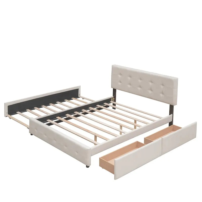 Cama de plataforma Queen tapizada en gris oscuro/gris claro/beige con nido, capacidad para 2 personas