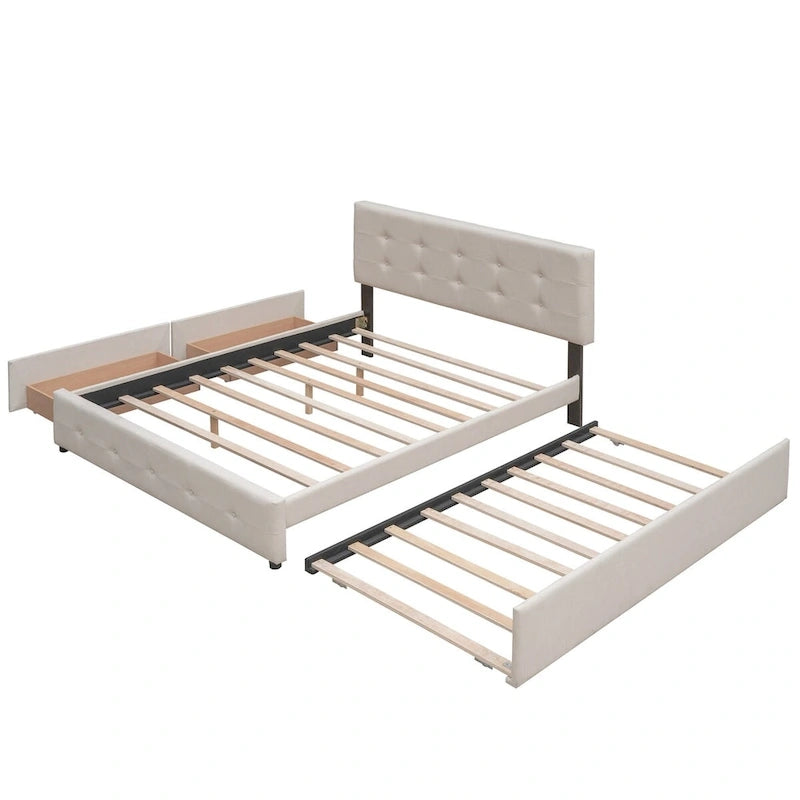Cama de plataforma Queen tapizada en gris oscuro/gris claro/beige con nido, capacidad para 2 personas