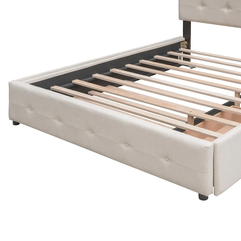 Cama de plataforma Queen tapizada en gris oscuro/gris claro/beige con nido, capacidad para 2 personas